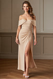 Off The Shoulder Apricot Formal Dress with Slit