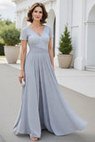 Silver A Line Chiffon Long Mother of the Bride Dress