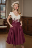 Burgundy A Line Appliqued Midi Mother of the Bride Dress