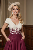 Burgundy A Line Appliqued Midi Mother of the Bride Dress