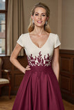 Burgundy A Line Appliqued Midi Mother of the Bride Dress