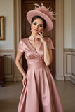 Dusty Rose Satin A Line V-Neck Mother of the Bride Dress