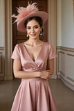 Dusty Rose Satin A Line V-Neck Mother of the Bride Dress