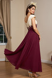 A Line Burgundy Appliqued Long Mother of the Bride Dress