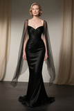 Mermaid Satin Ruched Black Tie Dress with Cape