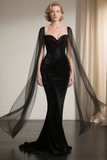 Mermaid Satin Ruched Black Tie Dress with Cape