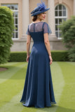 Navy Chiffon Ruched A Line Mother Of The Bride Dress
