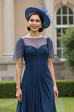Navy Chiffon Ruched A Line Mother Of The Bride Dress