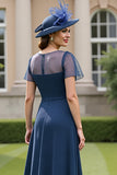 Navy Chiffon Ruched A Line Mother Of The Bride Dress