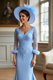 Sky Blue Mermaid Appliqued Fringed Mother Of The Bride Dress