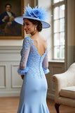 Sky Blue Mermaid Appliqued Fringed Mother Of The Bride Dress