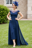 Navy Appliqued Cap Sleeve Mother of the Bride Dress with Drape