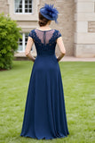Navy Appliqued Cap Sleeve Mother of the Bride Dress with Drape