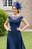 Navy Appliqued Cap Sleeve Mother of the Bride Dress with Drape