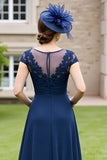 Navy Appliqued Cap Sleeve Mother of the Bride Dress with Drape