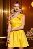 One Shoulder Yellow Homecoming Dress with 3D Flowers