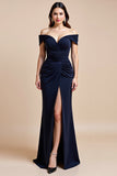 Off The Shoulder Navy Ruched Navy Mother of the Bride Dress with Slit