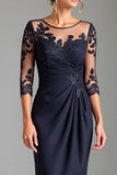 Navy Illusion Neck Mother of the Bride Dress with Appliques