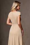 Ruffled A Line Champagne Wedding Guest Dress with Slit