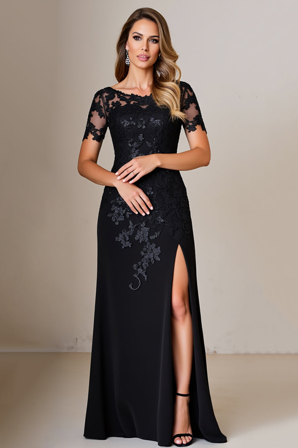 Berylove Women Elegant Black Mother of the Bride Dress with Appliques A Line Winter Wedding Guest Dress with Slit, Black / US26W Berylove Women Elegant Black Mother of the Bride Dress with Appliques A Line Winter Wedding Guest Dress with Slit, Black / US26W