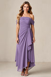 Purple Off The Shoulder Ruched Wedding Guest Dress