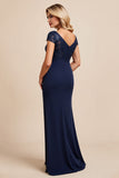 Navy Sheath Applique Long Mother of the Bride Dress with Slit