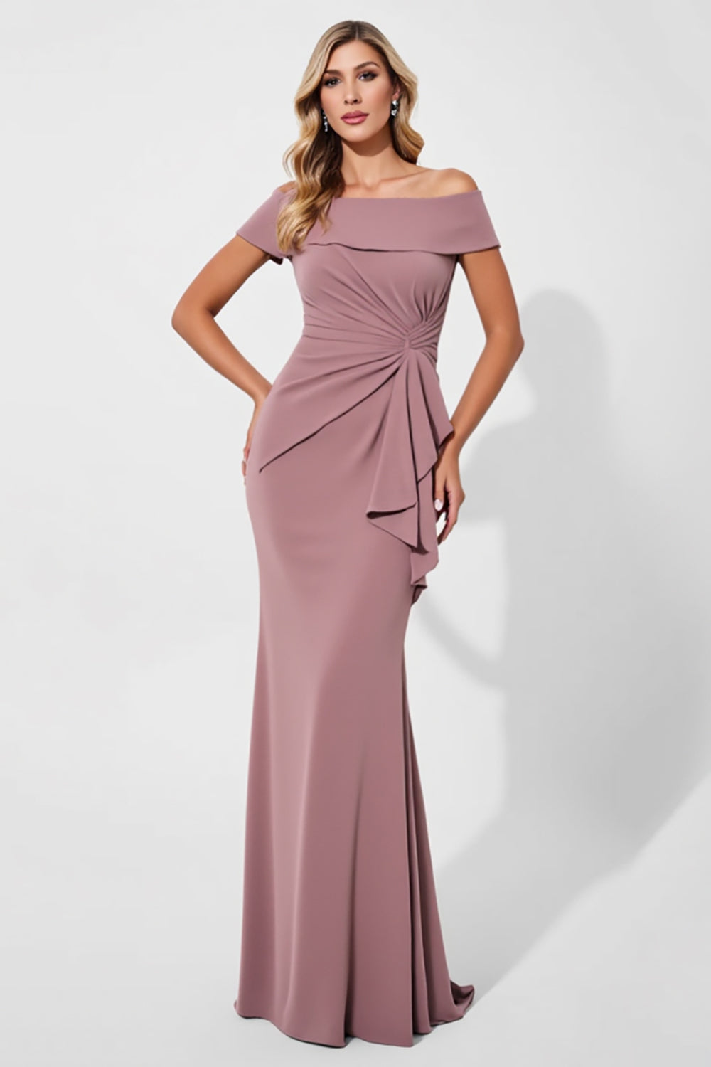 Berylove Women Vintage Mauve Formal Dress Off The Shoulder Ruched Sheath Long Wedding Guest Dress, Pink / custom