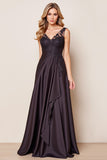 Black Satin A Line Formal Dress with Appliques