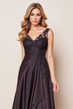 Black Satin A Line Formal Dress with Appliques