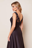 Black Satin A Line Formal Dress with Appliques
