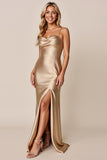 Gold Satin Sheath Wedding Guest Dress with Slit