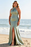 Mermaid Halter Eucalyptus Bridesmaid Dress with Slit