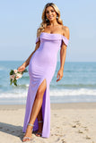Off The Shoulder Sheath Lilac Bridesmaid Dress with Slit