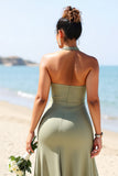 Plus Size A Line Olive Bridesmaid Dress with Slit