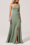 Chiffon A-Line Eucalyptus Bridesmaid Dress with Slit
