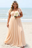 Chiffon A Line Apricot Plus Size Bridesmaid Dress with Slit