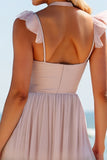 Halter A Line Candy Pink Bridesmaid Dress with Hollow Out
