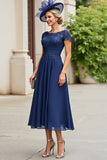 Navy A Line Mother of the Bride Dress with Cap Sleeves