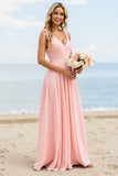 A Line V-Neck Candy Pink Bridesmaid Dress