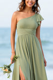 One Shoulder A Line Chiffon Dusty Sage Bridesmaid Dress