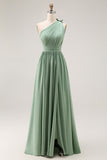 Green One Shoulder Chiffon Bridesmaid Dress with Slit