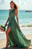 One Shoulder Chiffon Green Bridesmaid Dress with Slit