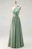 Green One Shoulder Chiffon Bridesmaid Dress with Slit