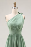 Green One Shoulder Chiffon Bridesmaid Dress with Slit