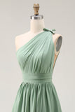 Green One Shoulder Chiffon Bridesmaid Dress with Slit
