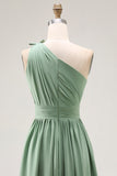 Green One Shoulder Chiffon Bridesmaid Dress with Slit