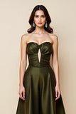 Strapless Satin Olive A Line Wedding Guest Dress