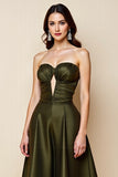 Strapless Satin Olive A Line Wedding Guest Dress