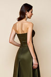 Strapless Satin Olive A Line Wedding Guest Dress