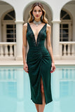Pine Ruched Beaded Cocktail Dress with Slit